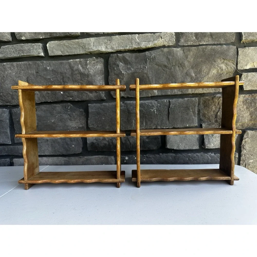 Vintage 1950's Wooden 3 Tier Wall Trinket Shelf Spice Rack Lot Set of 2 Cottage